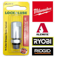 LockNLube grease hose swivel LNL231-C compatible with Milwaukee, Alemite, Ryobi, and Ridgid brands.