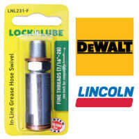 LOCKNLUBE LNL231-F grease hose swivel featuring fine threads, compatible with Dewalt and Lincoln battery grease guns.