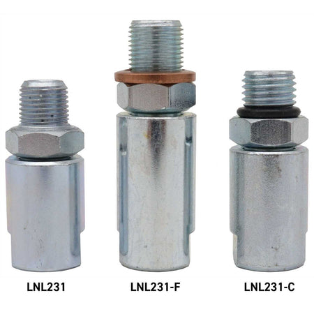 LOCKNLUBE grease hose swivels LNL231, LNL231-F, and LNL231-C for manual and battery grease guns.