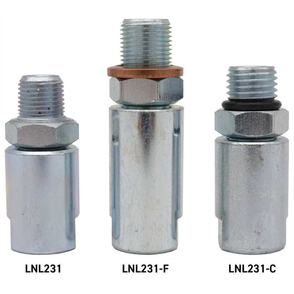 LOCKNLUBE grease hose swivels LNL231, LNL231-F, and LNL231-C for manual and battery grease guns.
