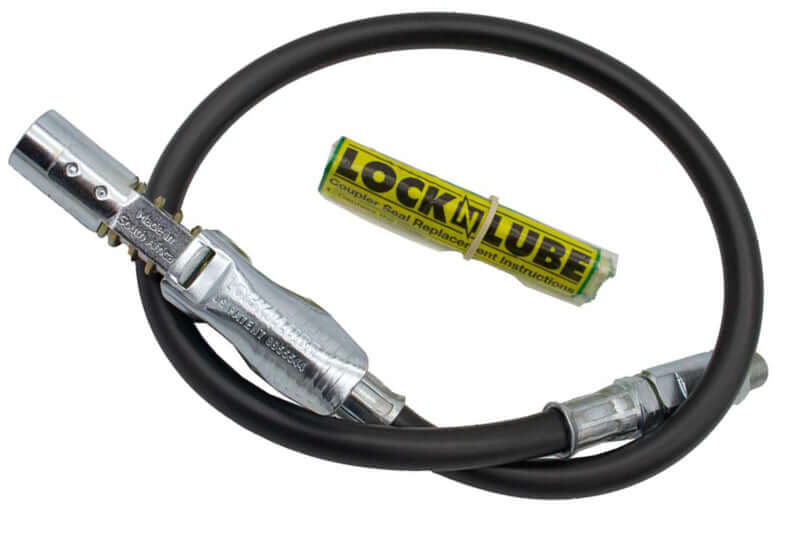 LockNLube hose assembly including coupler, 20” whip hose, and rebuild kit for grease guns.