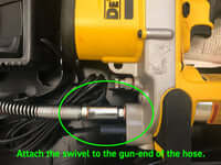Close-up of LOCKNLUBE grease hose swivel attached to a battery grease gun with instructions to attach it.