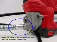 Close-up of LOCKNLUBE grease hose swivel attachment for battery grease gun with instruction label.