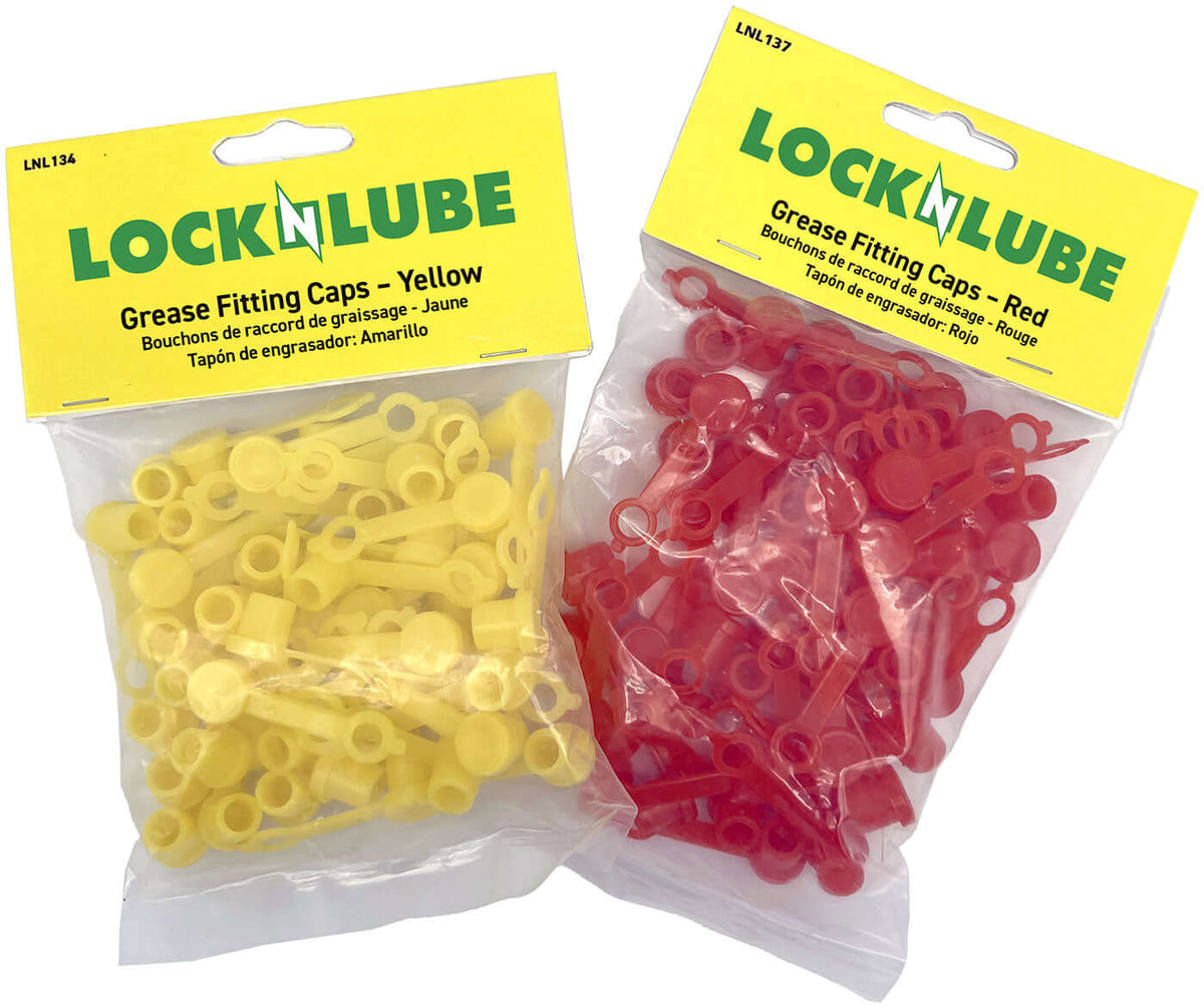 Pack of yellow and red grease fitting caps, 50 count, designed to fit all standard SAE and Metric grease fittings.