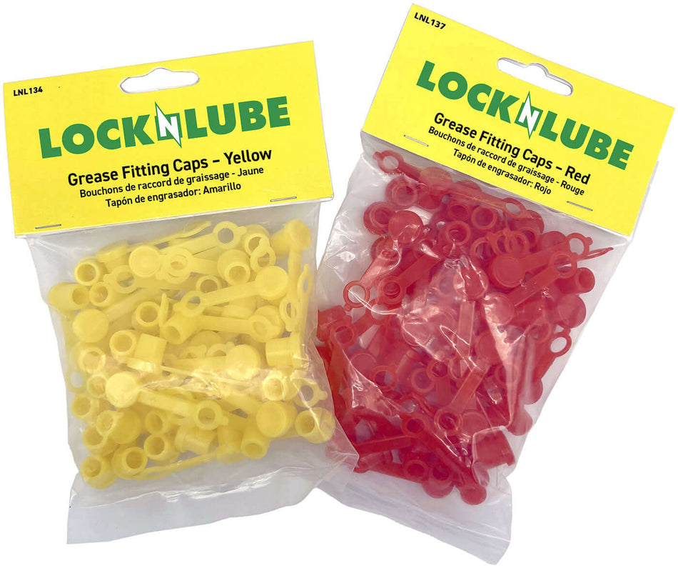 Pack of yellow and red grease fitting caps, 50 count, designed to fit all standard SAE and Metric grease fittings.