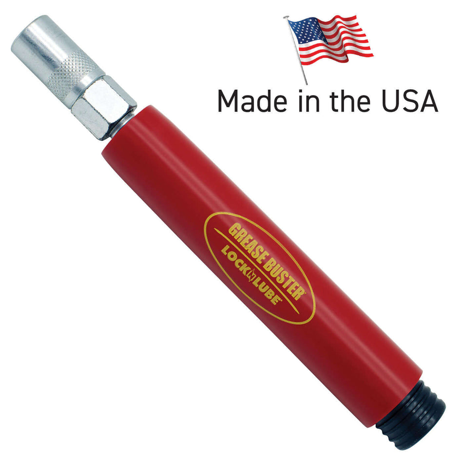 LockNLube Grease Buster® tool with textured grip, designed to clear clogged grease fittings, made in the USA.