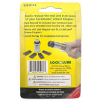 LOCKNLUBE® Grease Coupler Rebuild Kit packaging showing replacement parts for easy seal and jaw replacement.