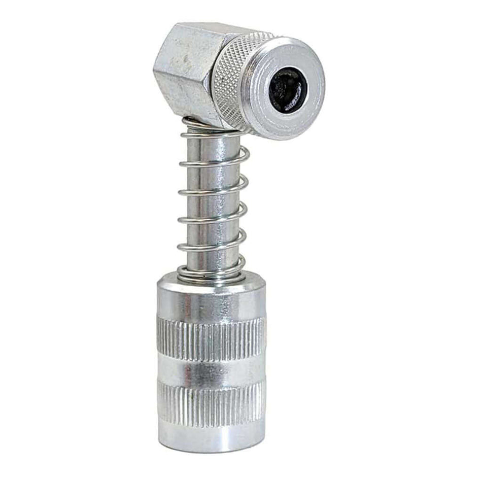 90° grease coupler adapter with hardened steel jaws and rubber seal for hard-to-reach grease fittings.
