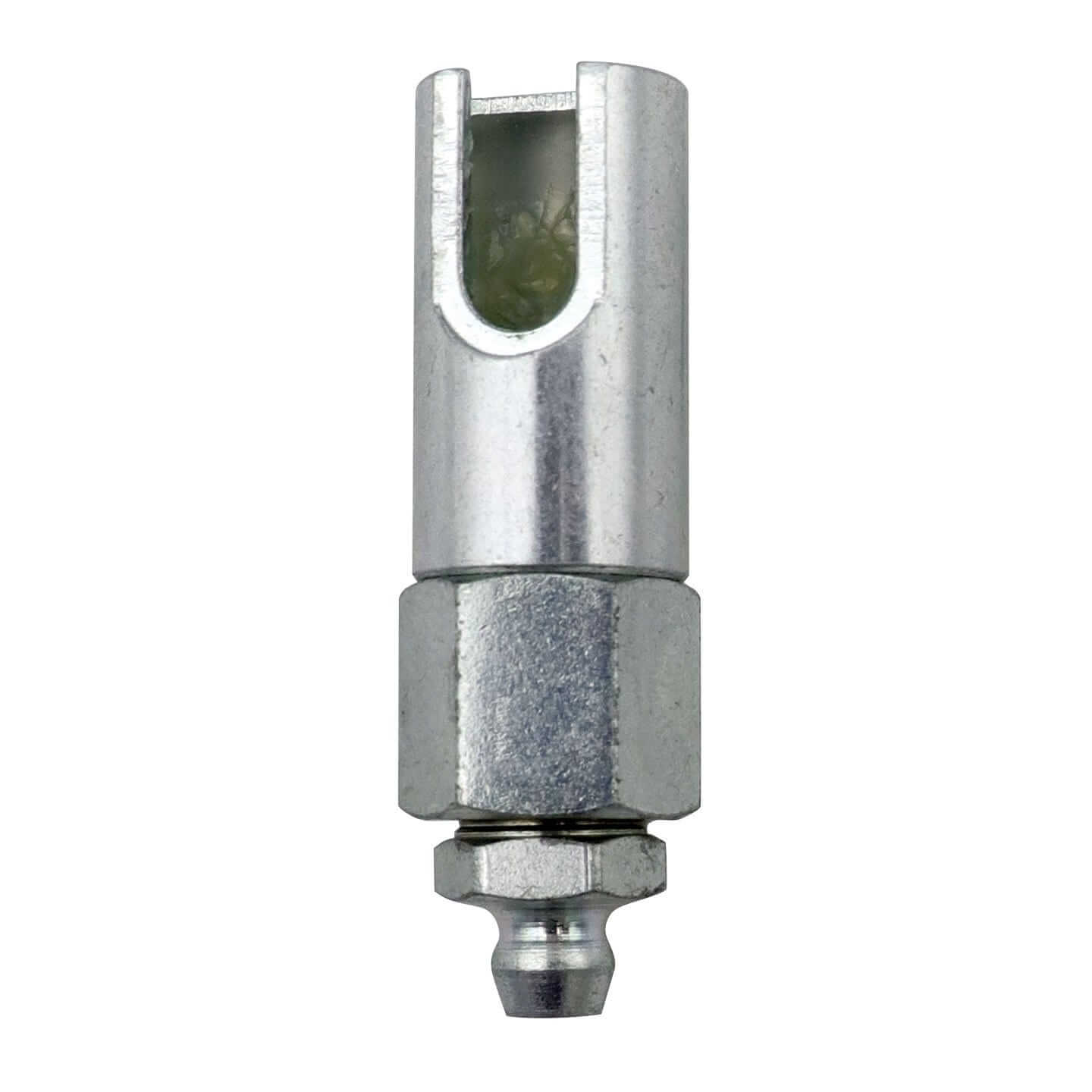 LockNLube push-on 90° grease coupler adapter for hard-to-reach Zerk fittings, compatible with standard and metric couplers.