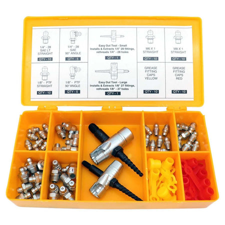 Complete grease fitting replacement kit with SAE and metric zerk fittings, multi-tools, and plastic caps in bright storage case.