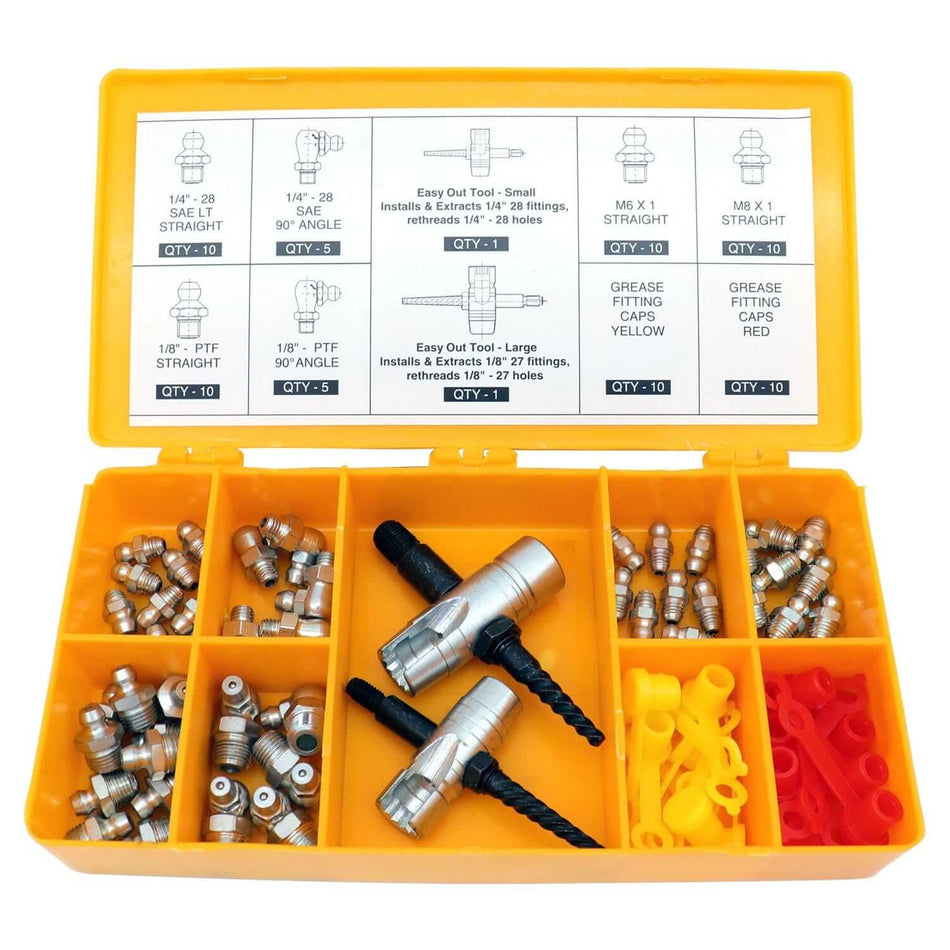 Complete grease fitting replacement kit with SAE and metric zerk fittings, multi-tools, and plastic caps in bright storage case.