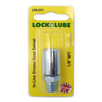 LOCKNLUBE LNL231 1/8" NPT grease hose swivel for manual and battery grease guns, packaged for retail display.