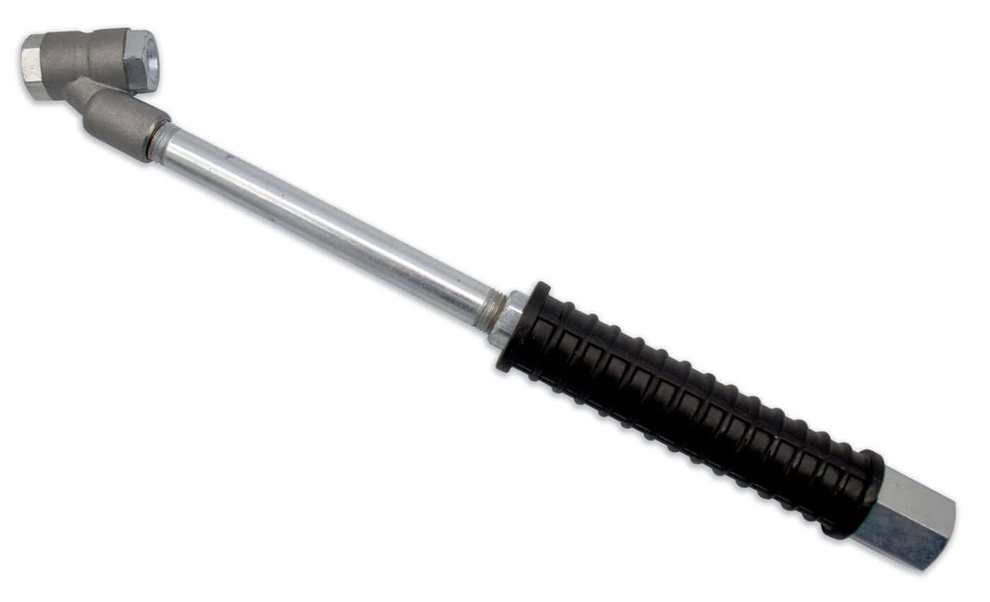 LOCKNFLATE angled dual wheel adapter with 9.5-inch reach for easier access to hard-to-reach tire stems.