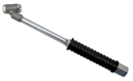 LOCKNFLATE angled dual wheel adapter with 9.5-inch reach for easier access to hard-to-reach tire stems.