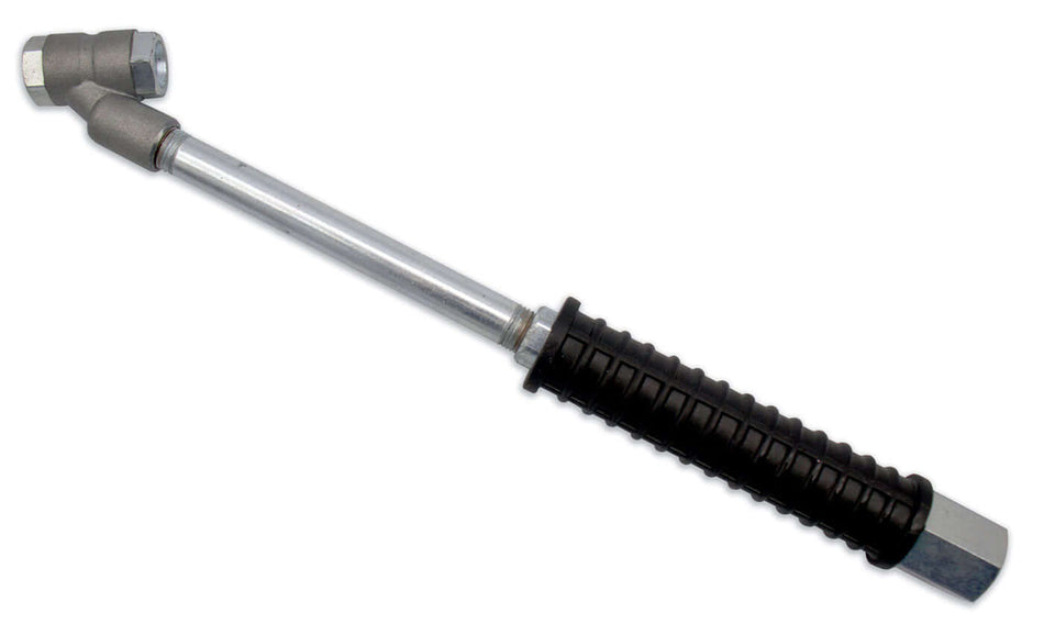 LOCKNFLATE angled dual wheel adapter with 9.5-inch reach for easier access to hard-to-reach tire stems.