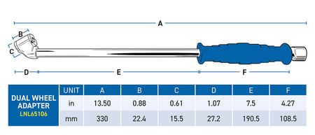 LOCKNFLATE angled dual wheel adapter with blue silicone grip, 13.5 inches long, for maximum comfort and 150 PSI pressure.