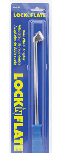 LOCKNFLATE angled dual wheel adapter with blue silicone grip, 13.5 in length, suitable for max pressure 150 PSI.