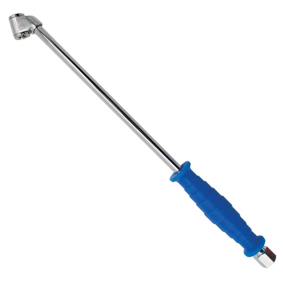 LOCKNFLATE angled dual wheel adapter with blue silicone grip, 13.5-inch length, designed for optimal comfort and maximum pressure of 150 PSI.
