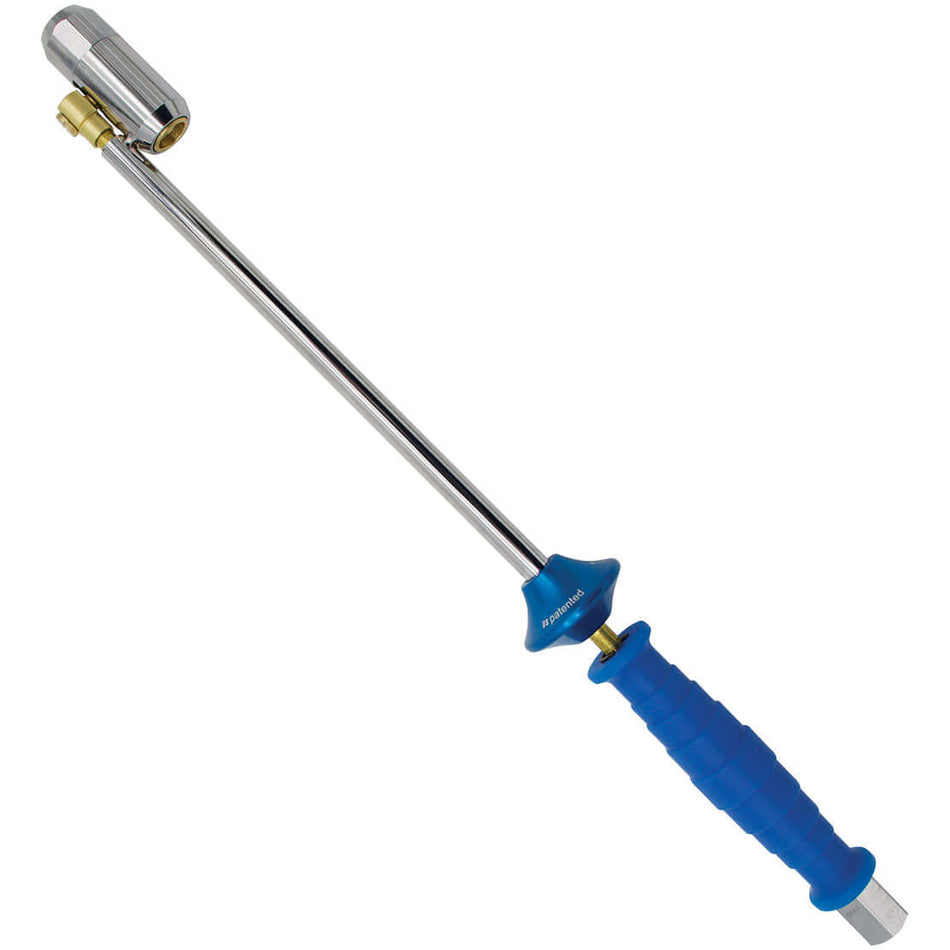 Locknflate dual wheel adapter with blue silicone grip and chrome finish, 15.5 inches long for easy tire inflation.