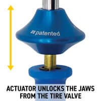 Blue silicone grip actuator for LOCKNFLATE locking dual wheel adapter, unlocking jaws from tire valve.