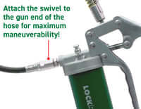 Illustration showing the LOCKNLUBE grease hose swivel attached to a grease gun for improved maneuverability.