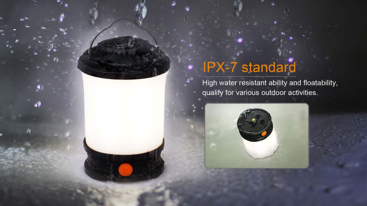 Fenix CL30R Camping Lantern showing IPX-7 water resistance, ideal for outdoor activities in wet conditions.