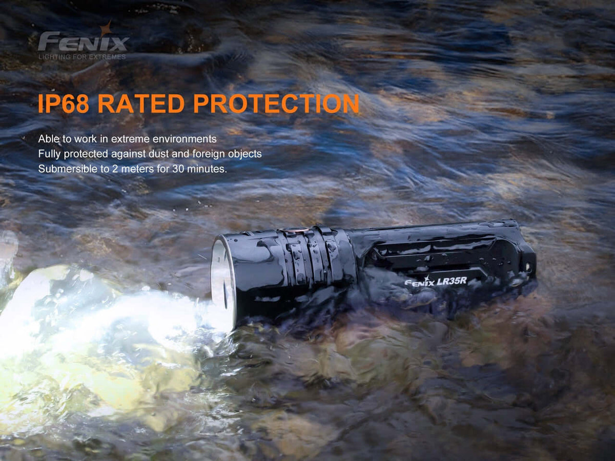 Fenix LR35R flashlight demonstrating IP68 rated protection in water, highlighting durability and waterproof features.