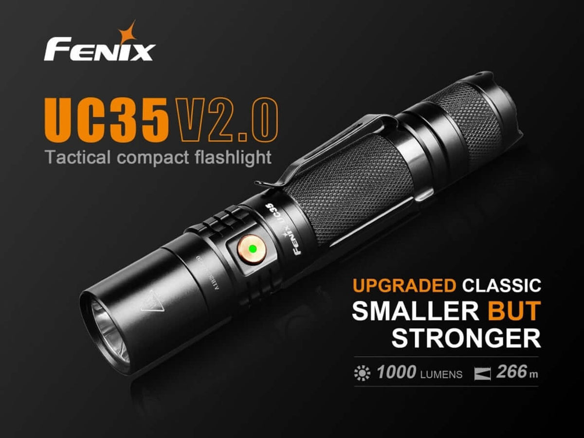 Fenix UC35 V2.0 rechargeable tactical flashlight with 1000 lumens and compact design.
