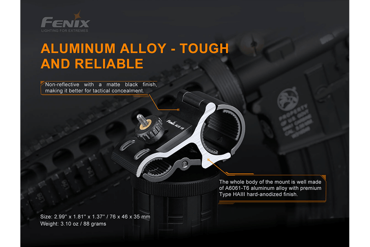 Fenix ALG-18 Flashlight Barrel Mount made from tough aluminum alloy, designed for tactical firearm setups.