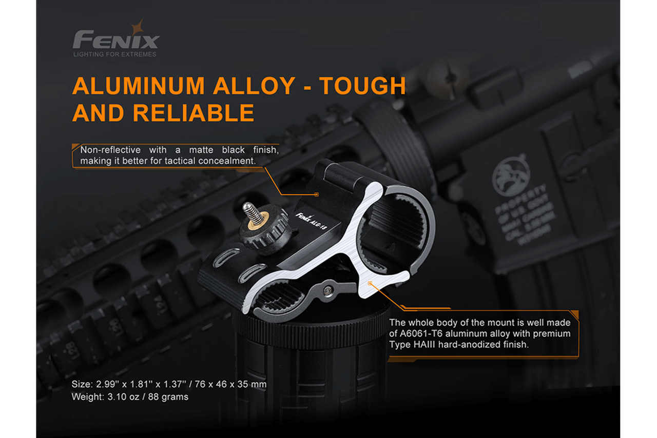 Fenix ALG-18 Flashlight Barrel Mount made from tough aluminum alloy, designed for tactical firearm setups.