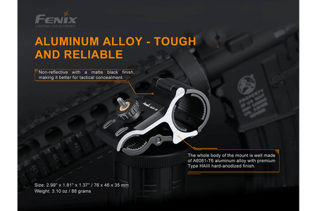 Fenix ALG-18 Flashlight Barrel Mount made from tough aluminum alloy, designed for tactical firearm setups.