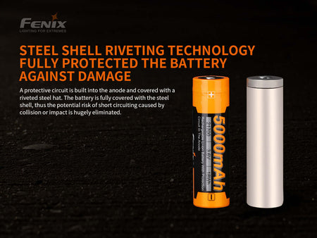 Fenix 5000mAh 21700 rechargeable battery showcasing steel shell riveting technology for protection against damage.