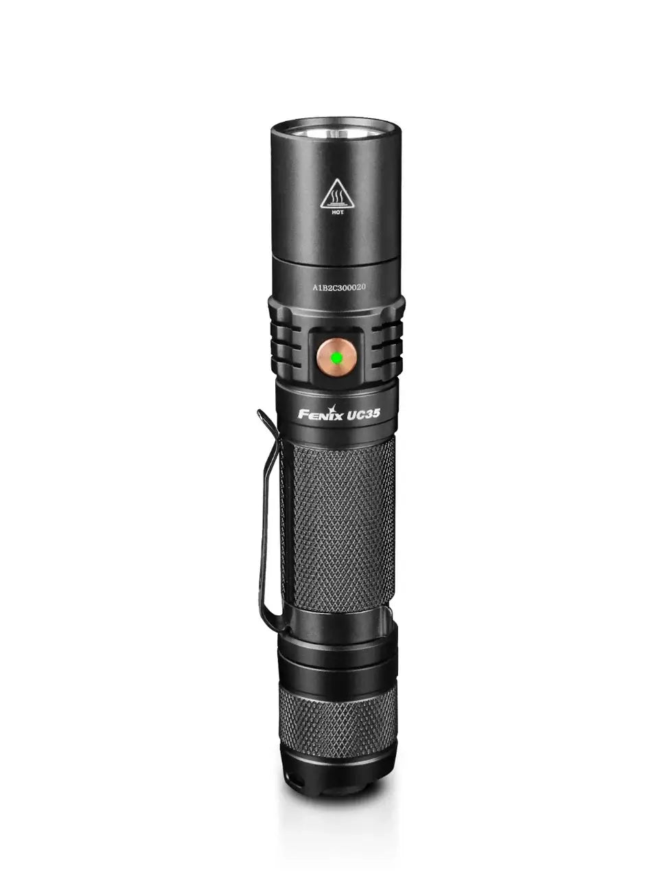 Fenix UC35 V2.0 rechargeable flashlight with tactical design, micro USB charging, and 1000 Lumens output.