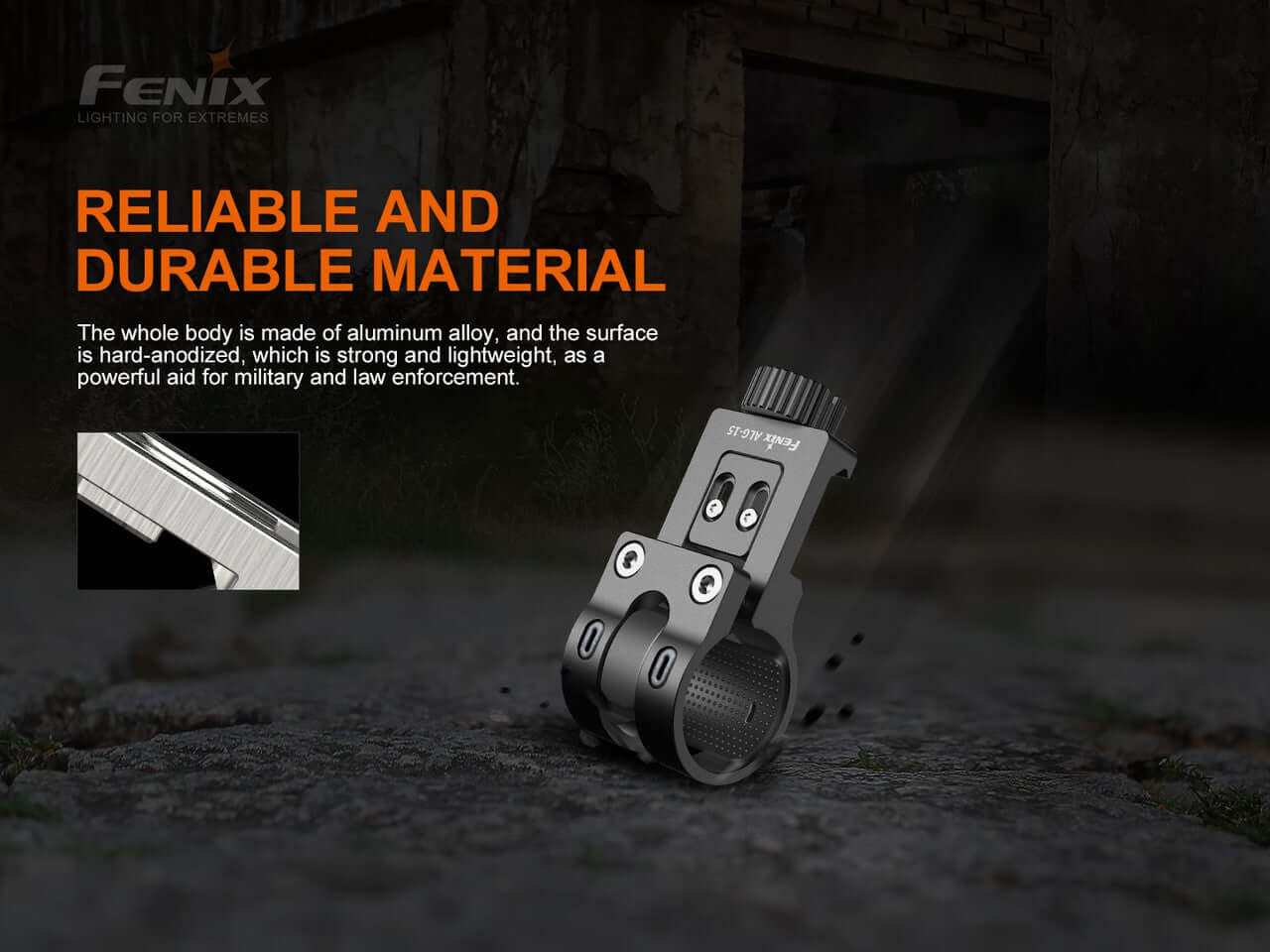 Fenix ALG-15 Tactical Rail Mount showcasing durable aluminum alloy and hard-anodized finish for military and law enforcement use.