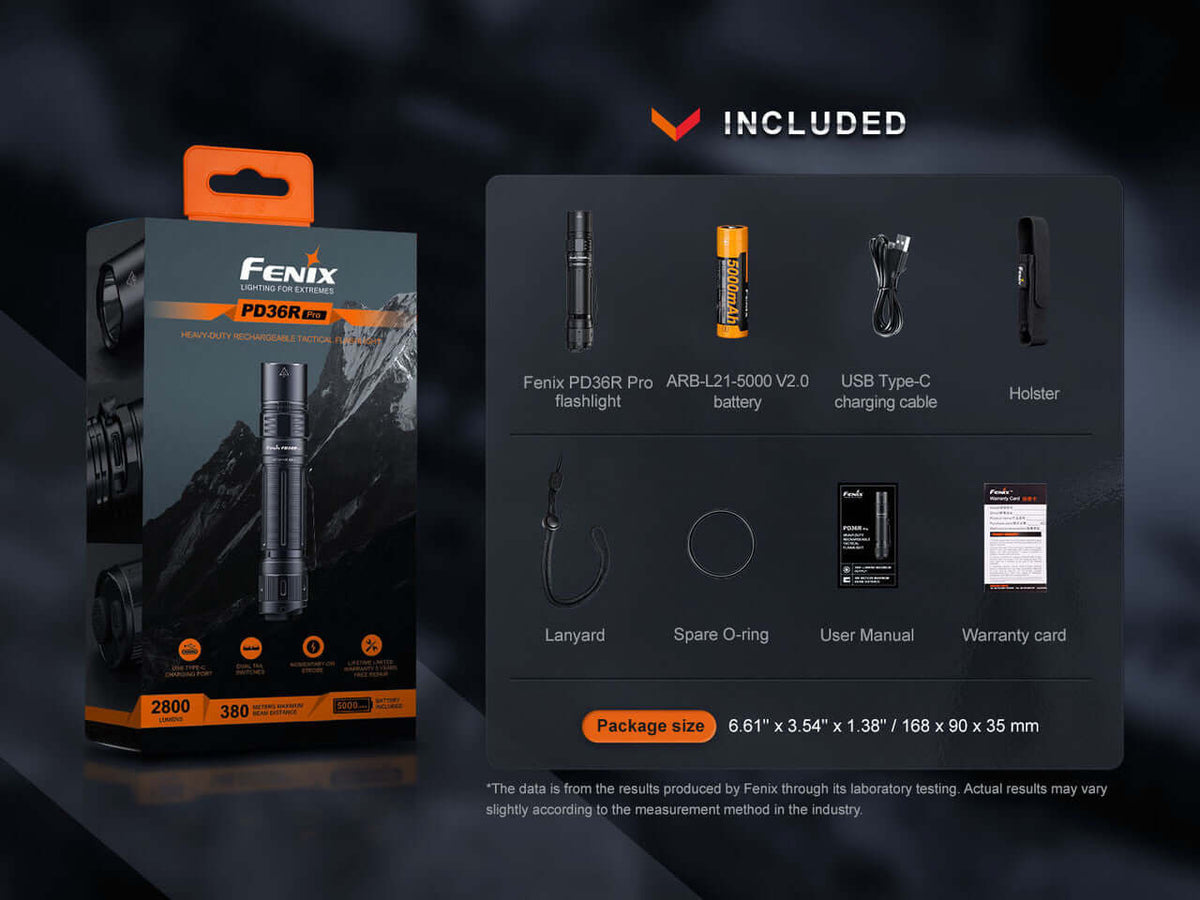 Fenix PD36R Pro 2800 Lumen flashlight packaging with accessories including battery, lanyard, and user manual.
