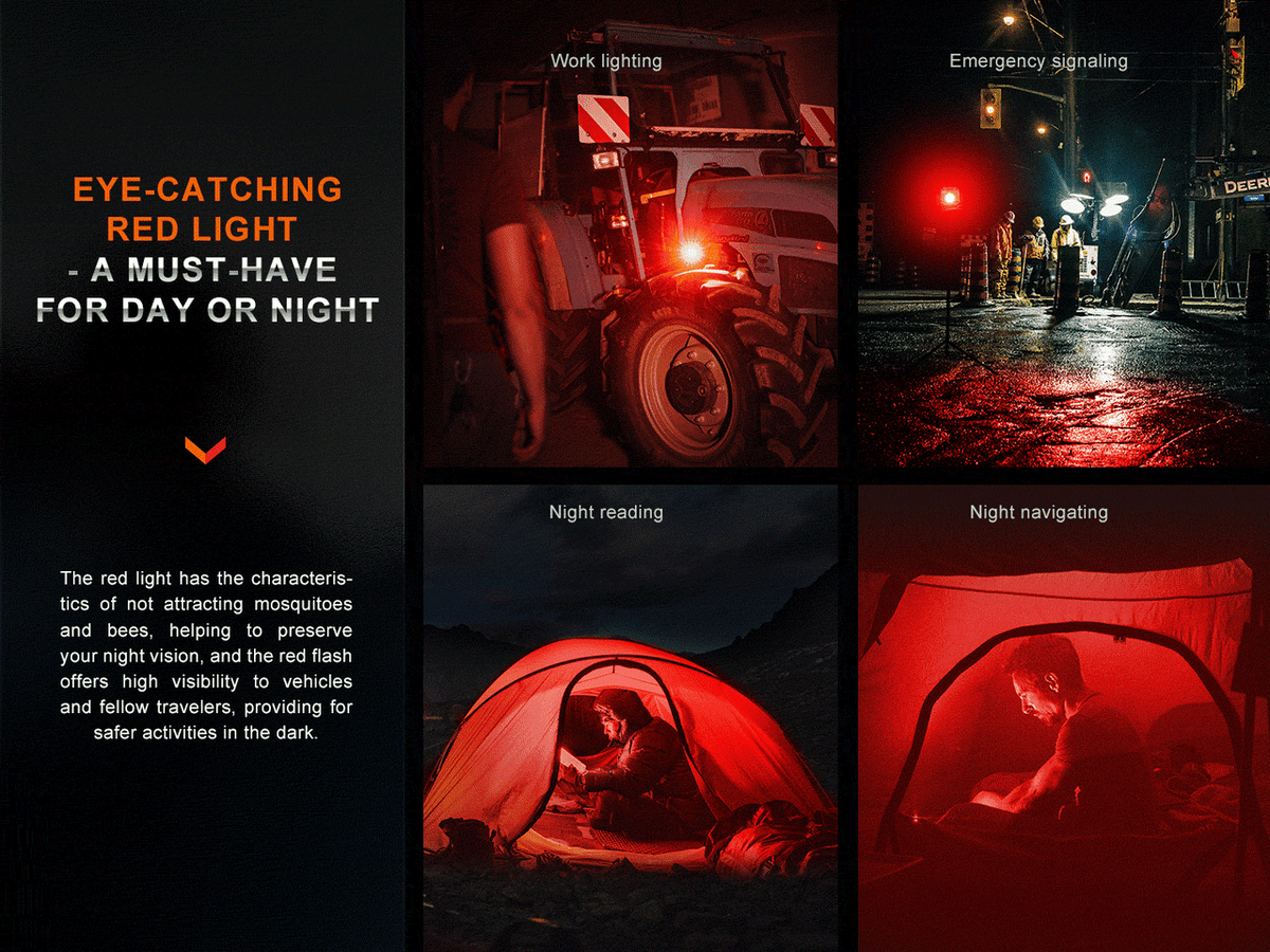 Collage showcasing red light uses for work, emergency signals, night reading, and navigation in dark conditions.