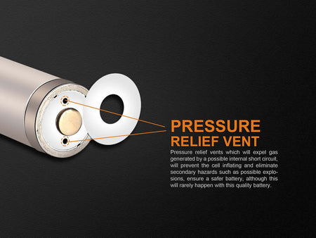 Close-up of Fenix ARB-L16-700UP battery showcasing pressure relief vent for safety and explosion prevention.