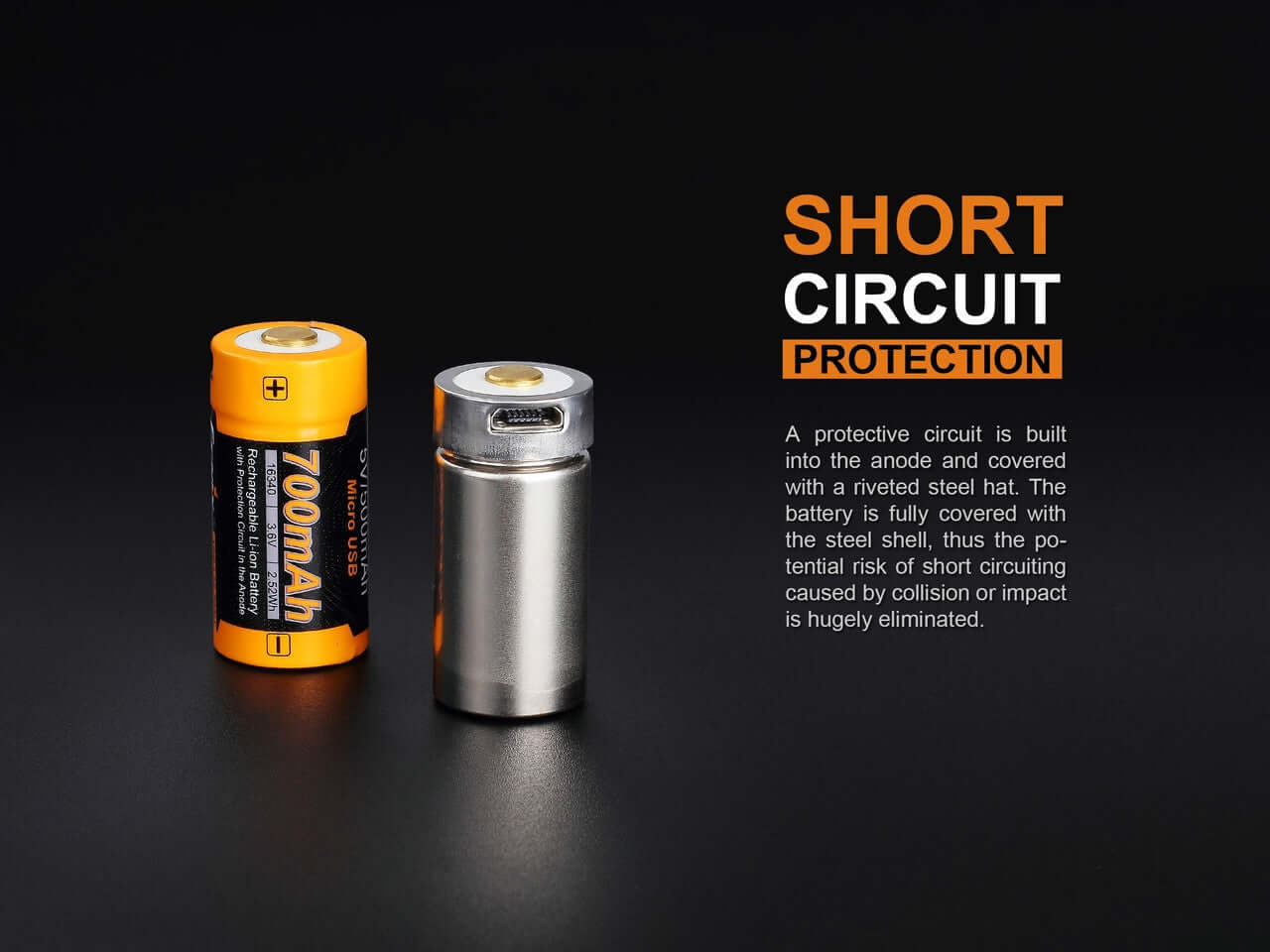 Fenix ARB-L16-700UP battery showcasing short circuit protection with steel shell and protective circuit details.