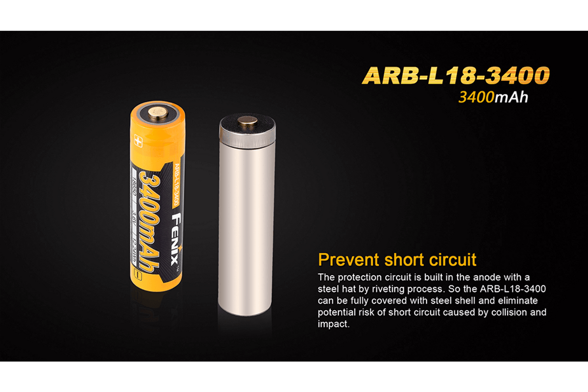 Fenix ARB-L18-3400mAh rechargeable 18650 battery showcasing its safety features and high capacity.