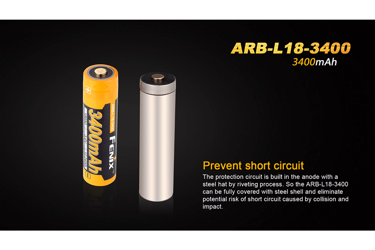 Fenix ARB-L18-3400mAh rechargeable 18650 battery showcasing its safety features and high capacity.