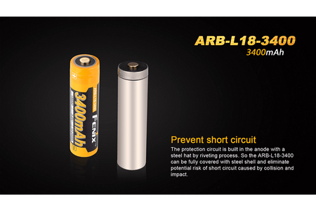 Fenix ARB-L18-3400mAh rechargeable 18650 battery showcasing its safety features and high capacity.