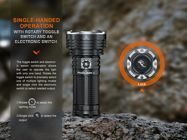 Fenix LR40Rv2 flashlight showcasing single-handed operation with rotary toggle and electronic switch on rocky surface.