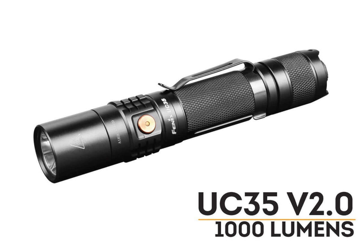 Fenix UC35 V2.0 rechargeable flashlight with 1000 lumens output, compact design and micro USB charging capability.