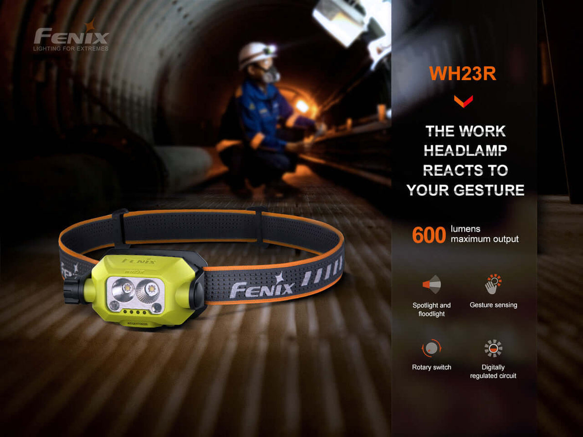 Fenix WH23R gesture sensing industrial headlamp with powerful 600 lumens output in a dark tunnel setting.