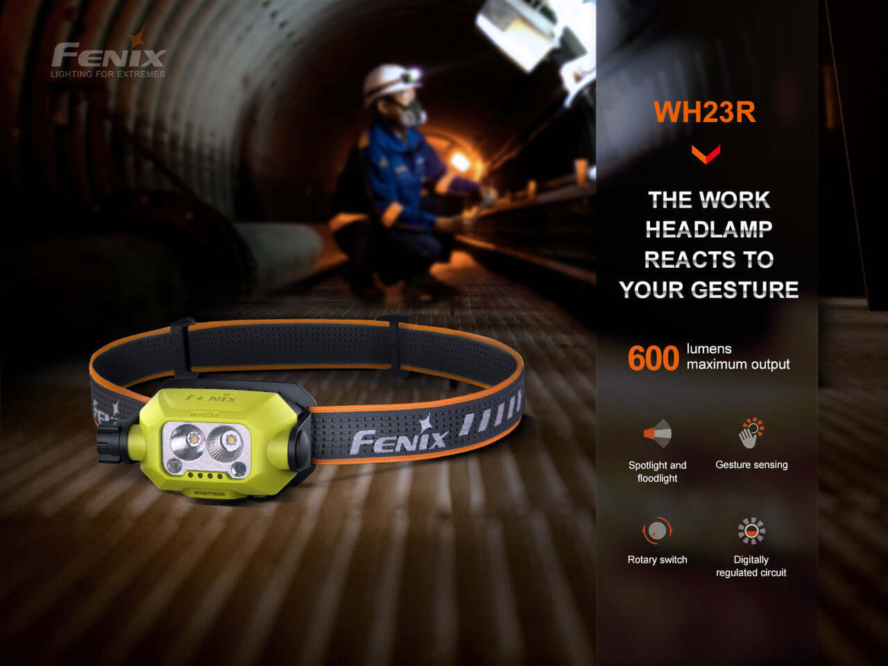 Fenix WH23R gesture sensing industrial headlamp with powerful 600 lumens output in a dark tunnel setting.