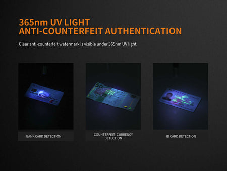 Three images showcasing 365nm UV light for anti-counterfeit authentication: bank card, counterfeit currency, and ID detection.