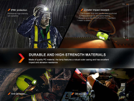 Fenix WH23R headlamp features durable materials, IP68 protection, and 2-meter impact resistance for industrial use.