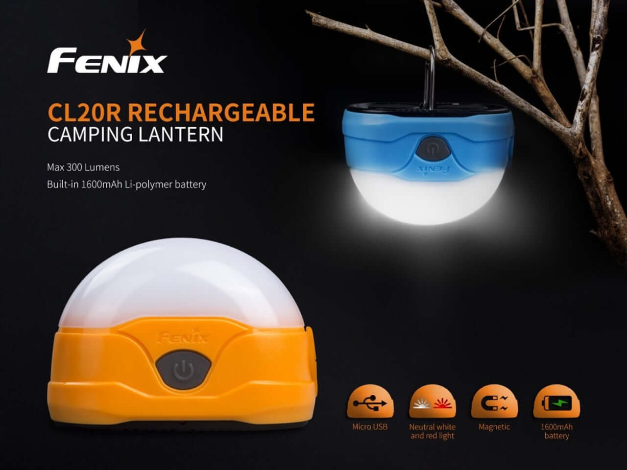 Fenix CL20R rechargeable camping lantern with 300 lumens output and 1600mAh battery, featuring micro USB charging.