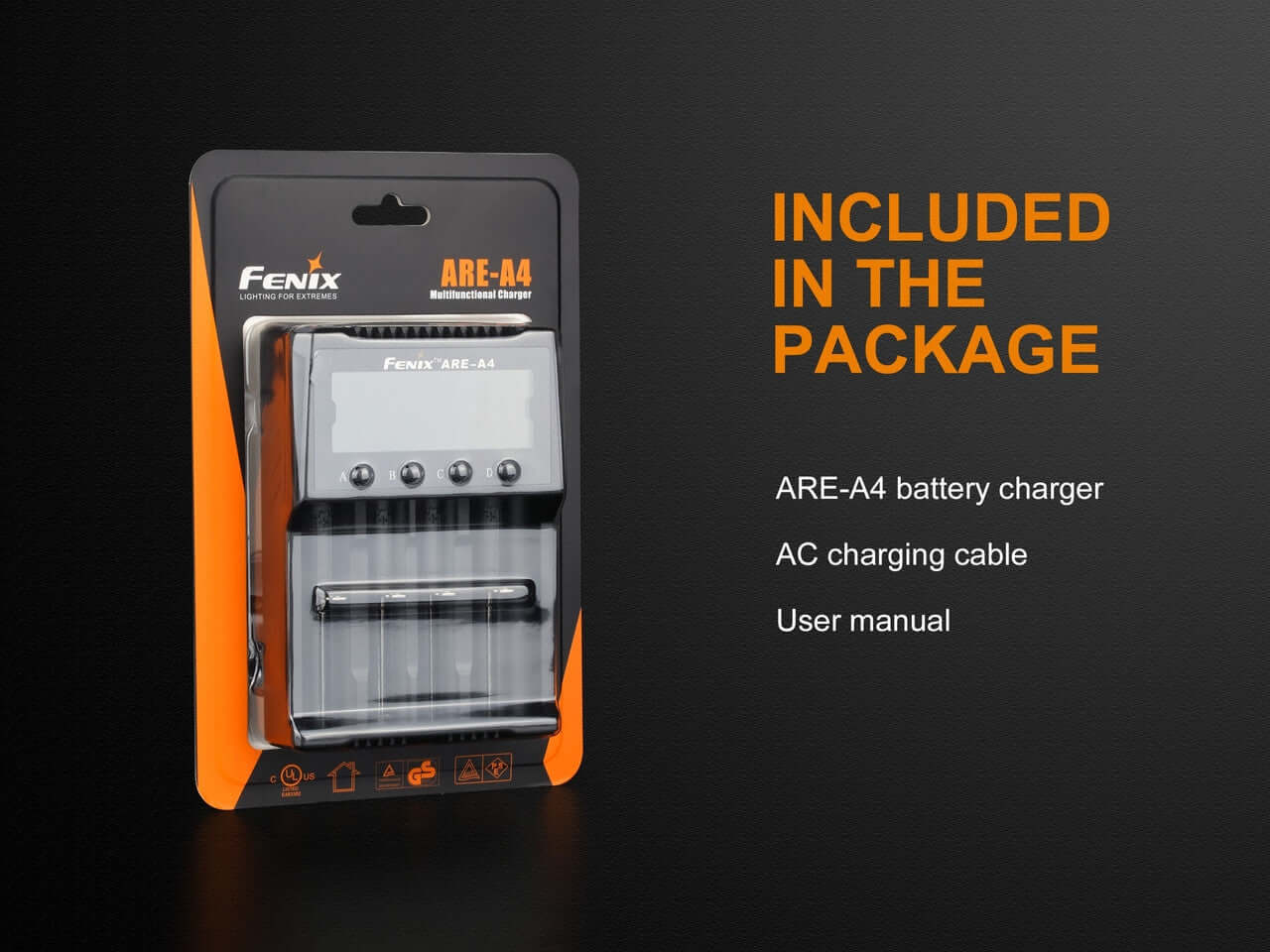 Fenix ARE-A4 battery charger package, includes charger, AC cable, and user manual.