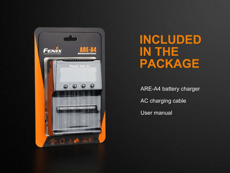 Fenix ARE-A4 battery charger package, includes charger, AC cable, and user manual.